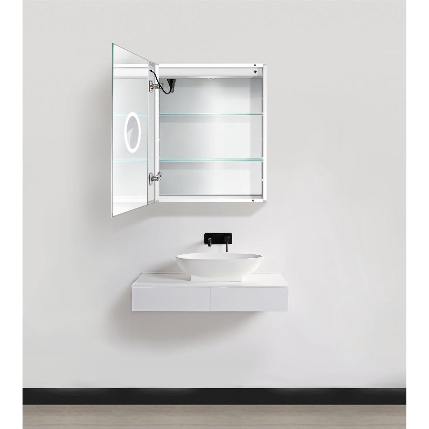 Krugg Reflections Svange 24" x 30" 5000K Single Left Opening Recessed/Surface-Mount Illuminated Silver Backed LED Medicine Cabinet Mirror With Built-in Defogger, Dimmer and Electrical Outlet