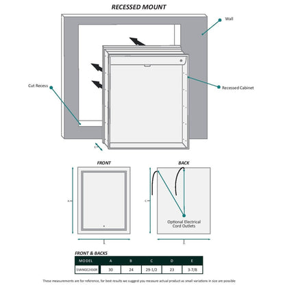 Krugg Reflections Svange 24" x 30" 5000K Single Right Opening Recessed/Surface-Mount Illuminated Silver Backed LED Medicine Cabinet Mirror With Built-in Defogger, Dimmer and Electrical Outlet