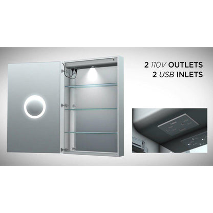 Krugg Reflections Svange 24" x 30" 5000K Single Right Opening Recessed/Surface-Mount Illuminated Silver Backed LED Medicine Cabinet Mirror With Built-in Defogger, Dimmer and Electrical Outlet
