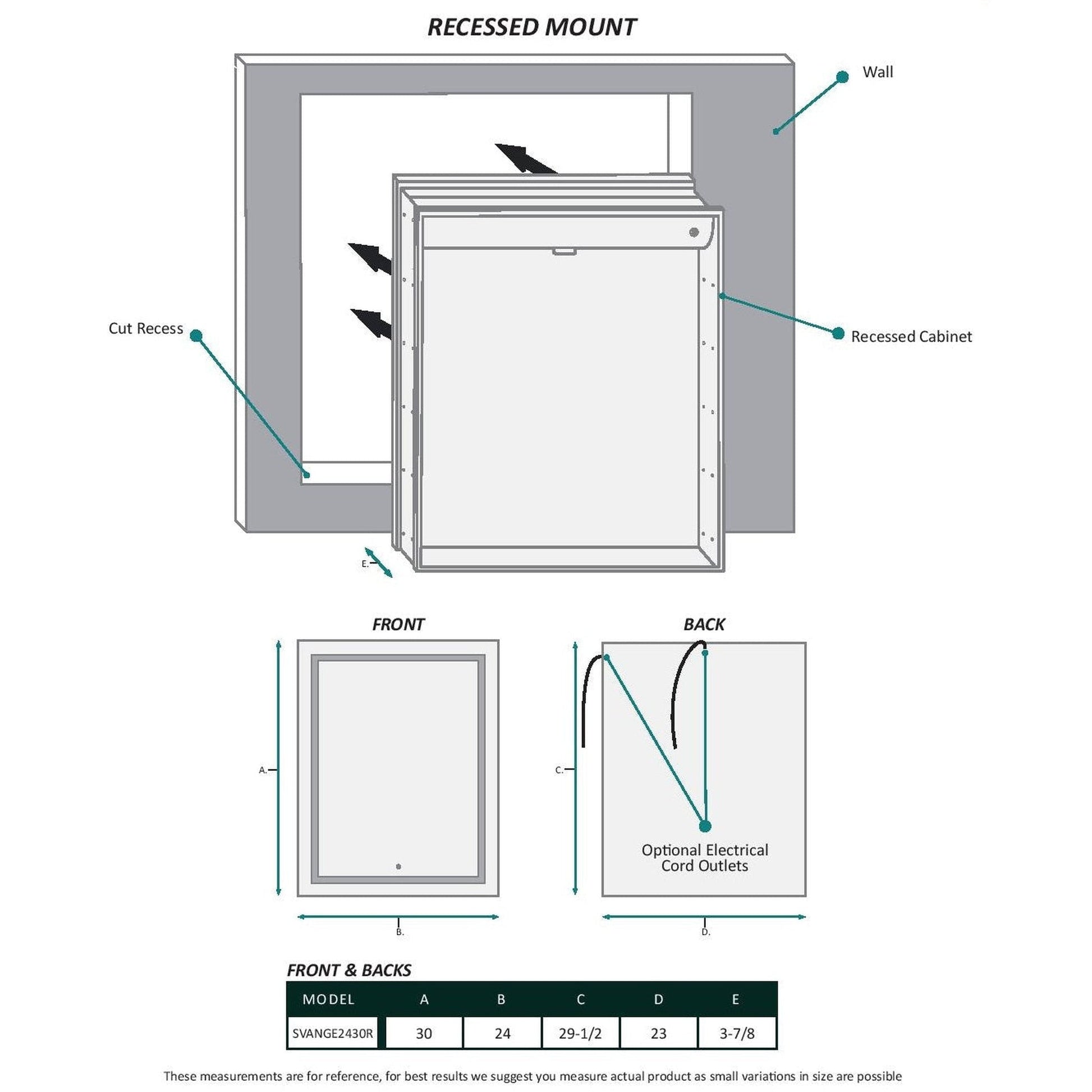 Krugg Reflections Svange 24" x 30" 5000K Single Right Opening Recessed/Surface-Mount Illuminated Silver Backed LED Medicine Cabinet Mirror With Built-in Defogger, Dimmer and Electrical Outlet