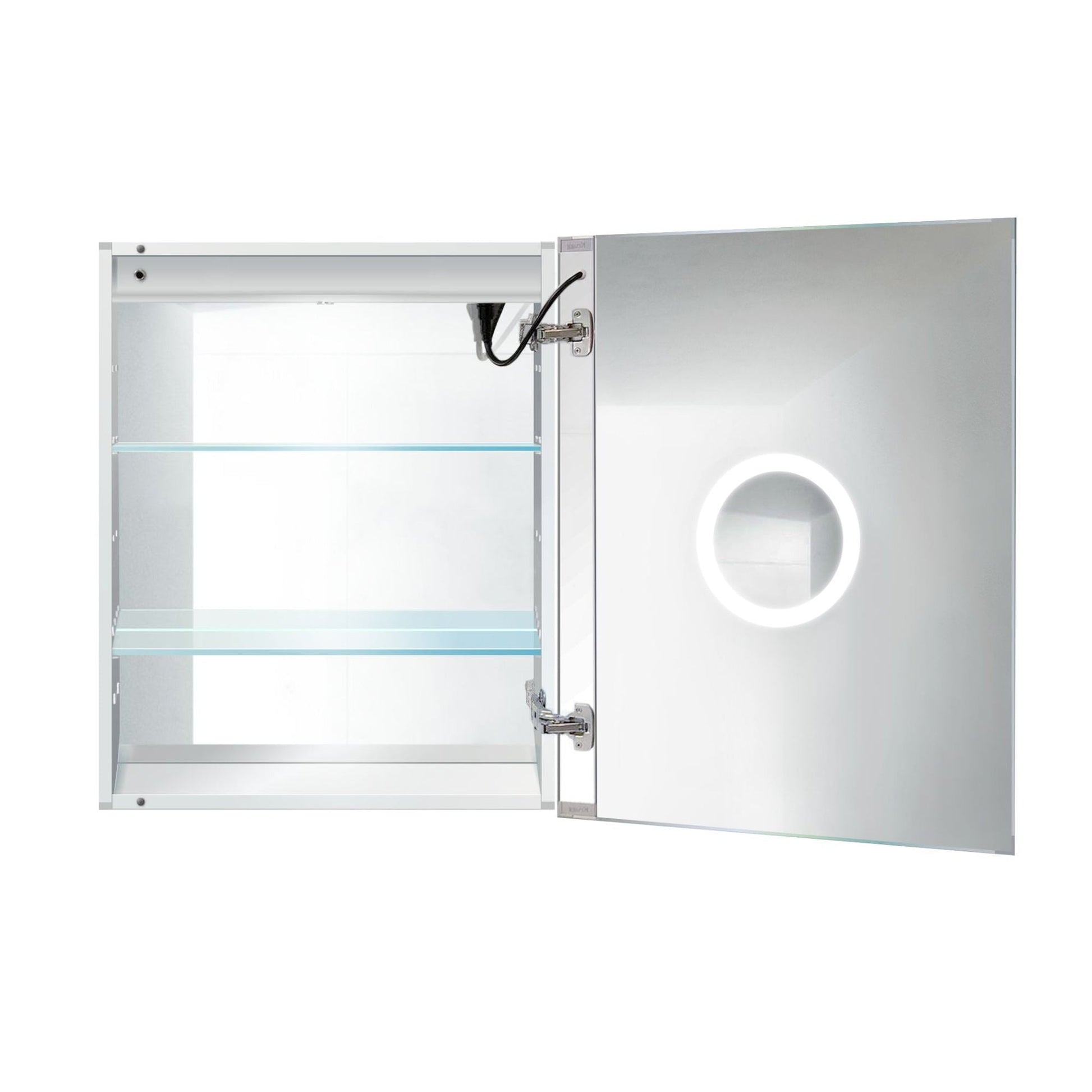 Krugg Reflections Svange 24" x 30" 5000K Single Right Opening Recessed/Surface-Mount Illuminated Silver Backed LED Medicine Cabinet Mirror With Built-in Defogger, Dimmer and Electrical Outlet