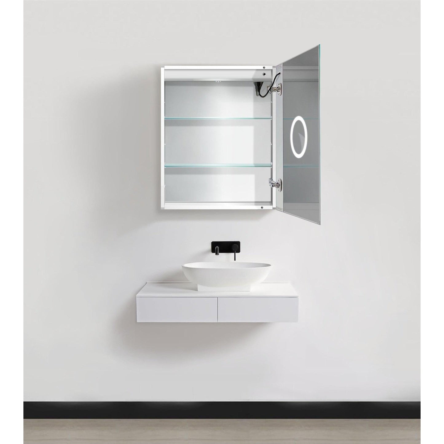 Krugg Reflections Svange 24" x 30" 5000K Single Right Opening Recessed/Surface-Mount Illuminated Silver Backed LED Medicine Cabinet Mirror With Built-in Defogger, Dimmer and Electrical Outlet