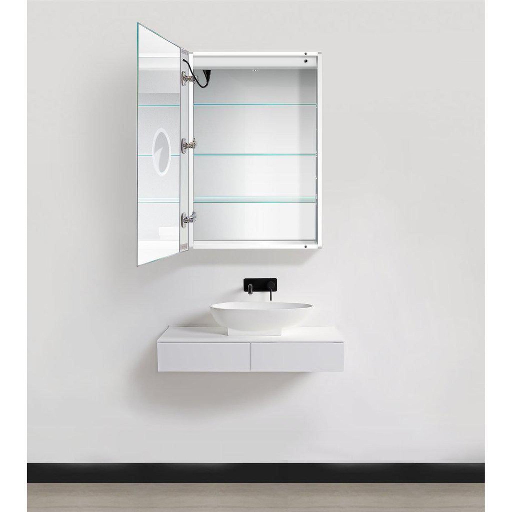 Krugg Reflections Svange 24" x 36" 5000K Single Left Opening Rectangular Recessed/Surface-Mount Illuminated Silver Backed LED Medicine Cabinet Mirror With Built-in Defogger, Dimmer and Electrical Outlet