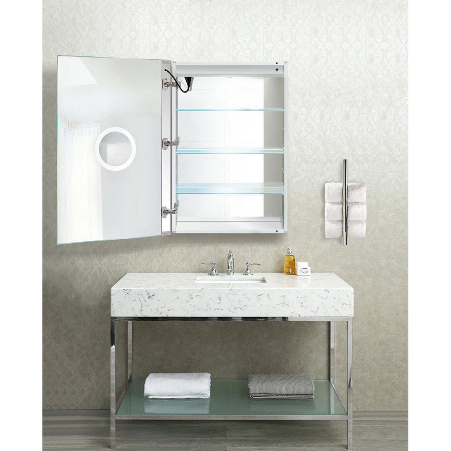 Krugg Reflections Svange 24" x 36" 5000K Single Left Opening Rectangular Recessed/Surface-Mount Illuminated Silver Backed LED Medicine Cabinet Mirror With Built-in Defogger, Dimmer and Electrical Outlet