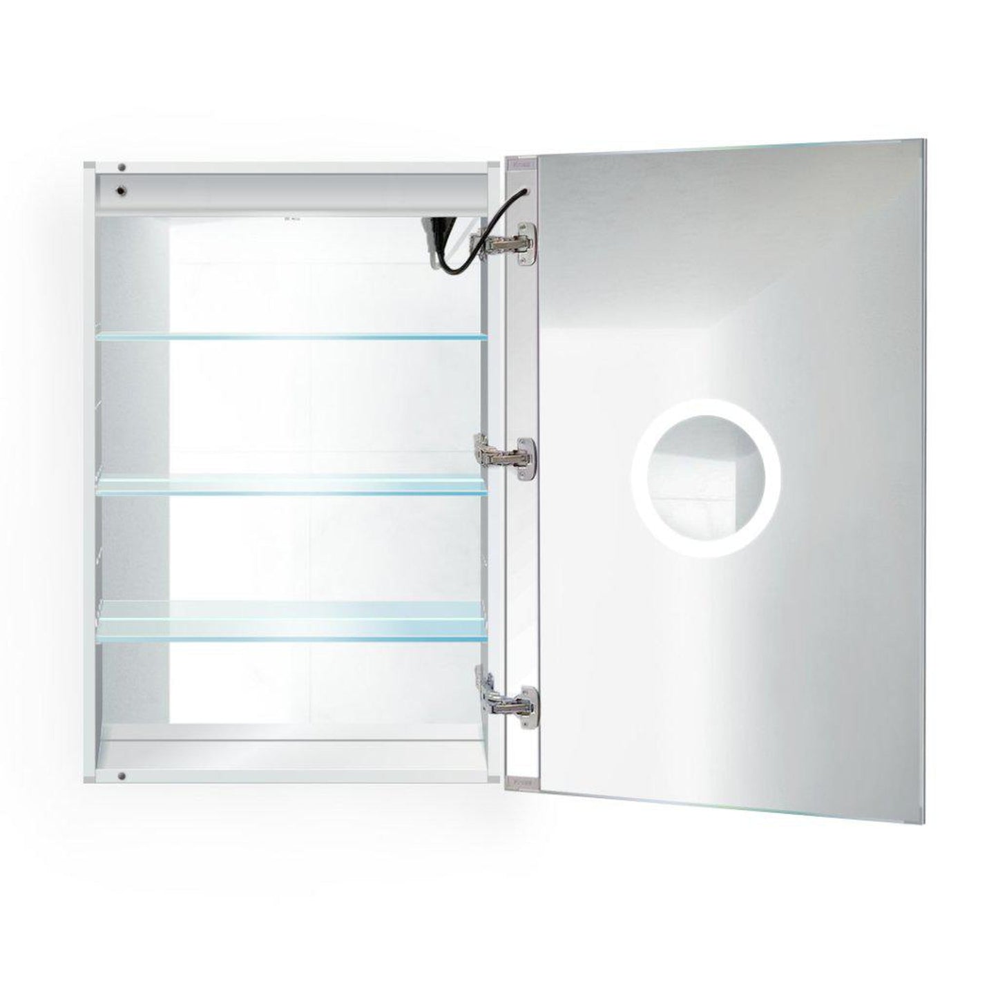 Krugg Reflections Svange 24" x 36" 5000K Single Right Opening Rectangular Recessed/Surface-Mount Illuminated Silver Backed LED Medicine Cabinet Mirror With Built-in Defogger, Dimmer and Electrical Outlet