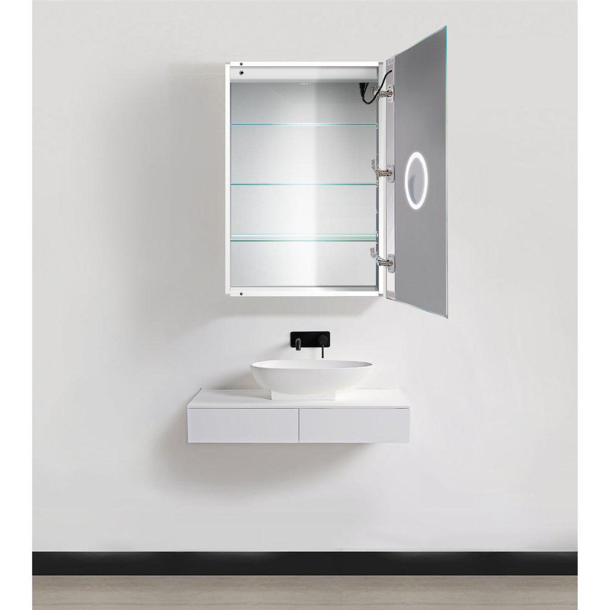 Krugg Reflections Svange 24" x 36" 5000K Single Right Opening Rectangular Recessed/Surface-Mount Illuminated Silver Backed LED Medicine Cabinet Mirror With Built-in Defogger, Dimmer and Electrical Outlet