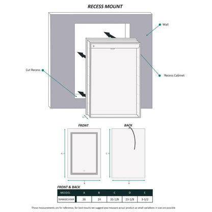 Krugg Reflections Svange 24" x 36" 5000K Single Right Opening Rectangular Recessed/Surface-Mount Illuminated Silver Backed LED Medicine Cabinet Mirror With Built-in Defogger, Dimmer and Electrical Outlet