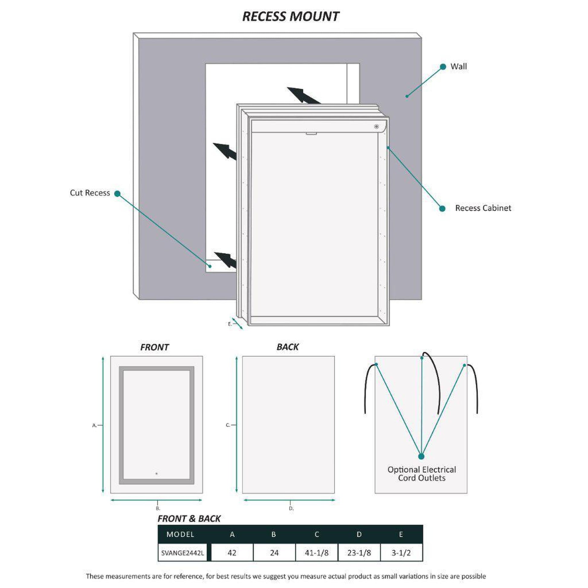 Krugg Reflections Svange 24" x 42" 5000K Single Left Opening Rectangular Recessed/Surface-Mount Illuminated Silver Backed LED Medicine Cabinet Mirror With Built-in Defogger, Dimmer and Electrical Outlet