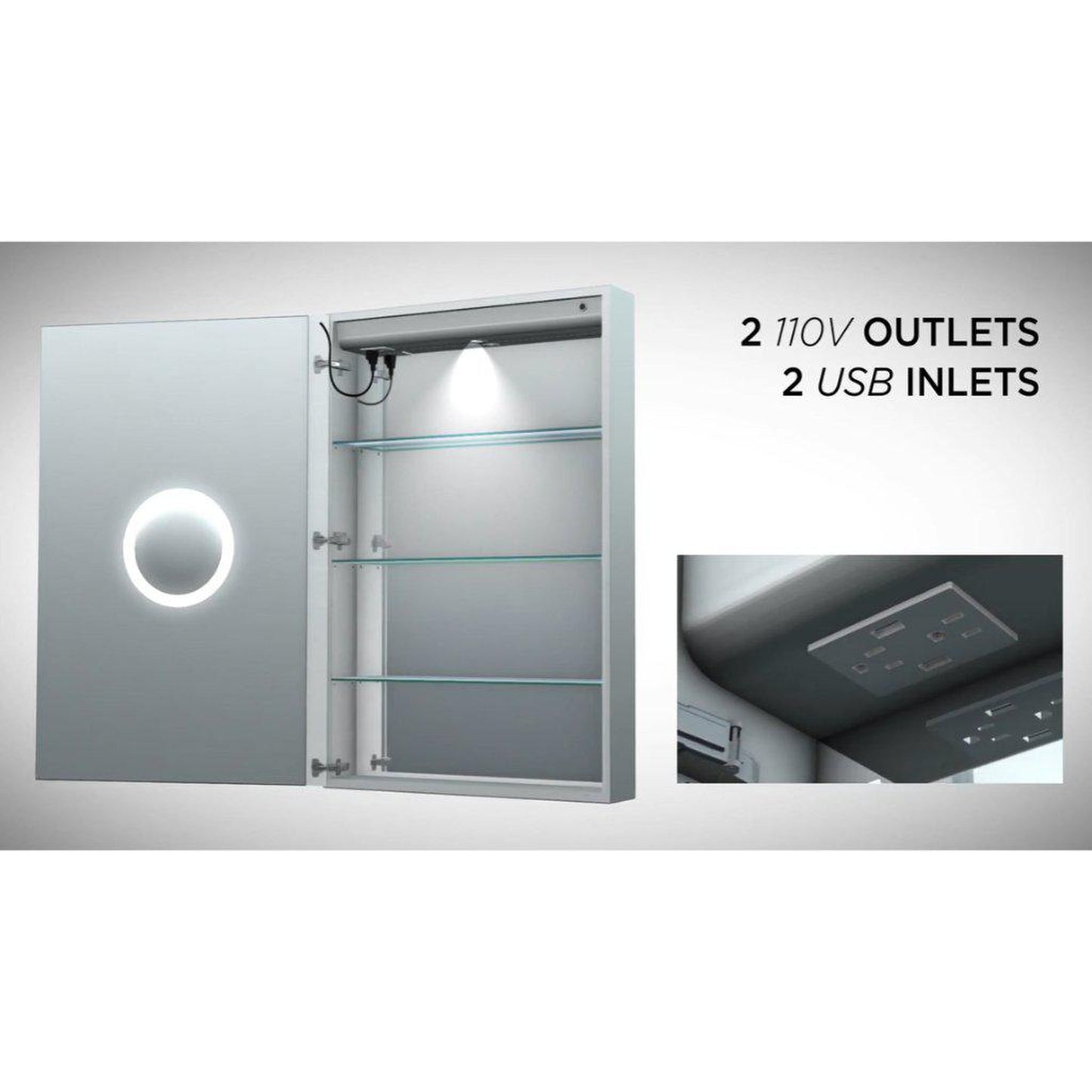 Krugg Reflections Svange 24" x 42" 5000K Single Right Opening Rectangular Recessed/Surface-Mount Illuminated Silver Backed LED Medicine Cabinet Mirror With Built-in Defogger, Dimmer and Electrical Outlet