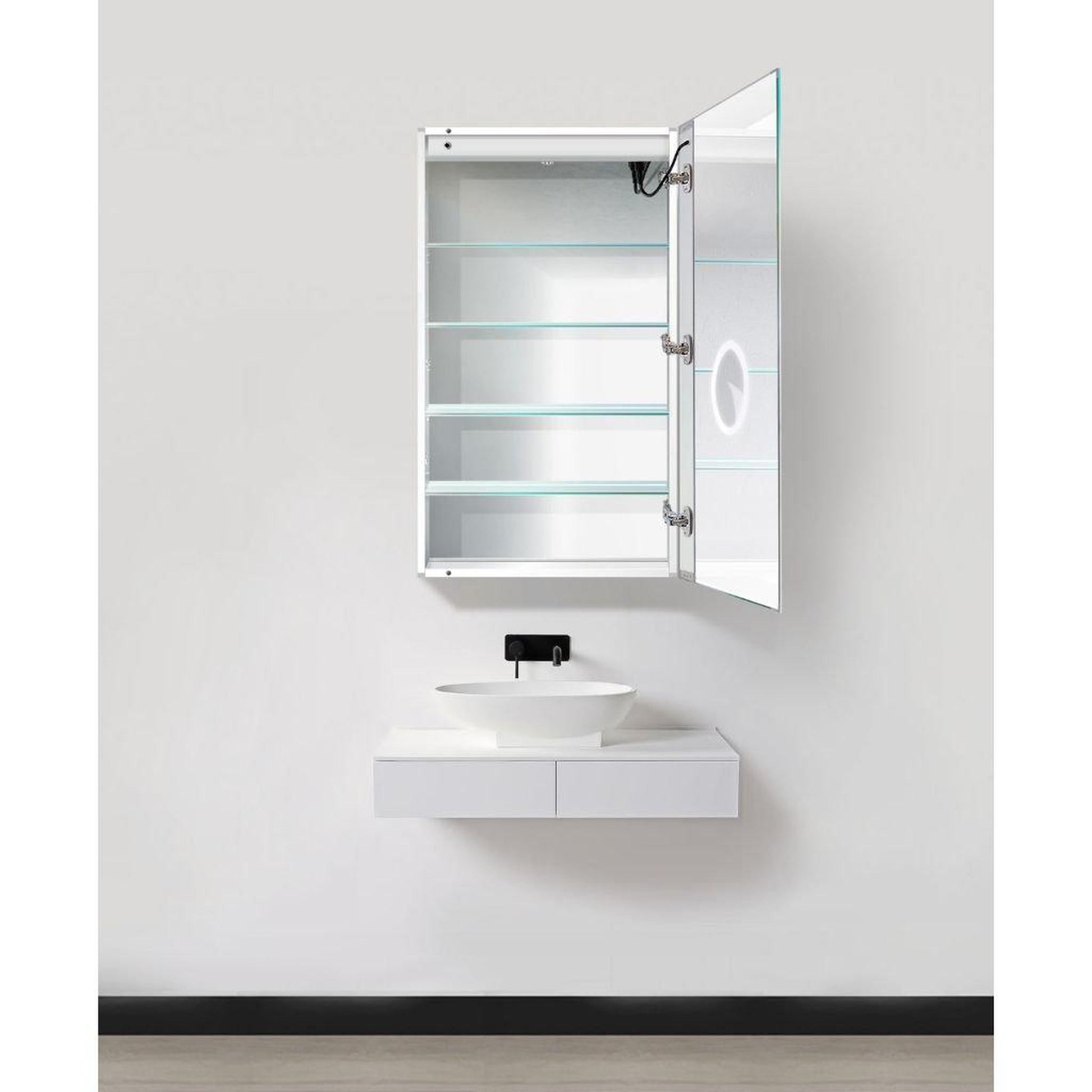 Krugg Reflections Svange 24" x 42" 5000K Single Right Opening Rectangular Recessed/Surface-Mount Illuminated Silver Backed LED Medicine Cabinet Mirror With Built-in Defogger, Dimmer and Electrical Outlet