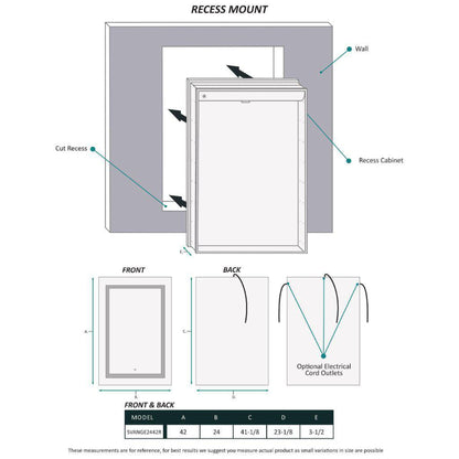 Krugg Reflections Svange 24" x 42" 5000K Single Right Opening Rectangular Recessed/Surface-Mount Illuminated Silver Backed LED Medicine Cabinet Mirror With Built-in Defogger, Dimmer and Electrical Outlet