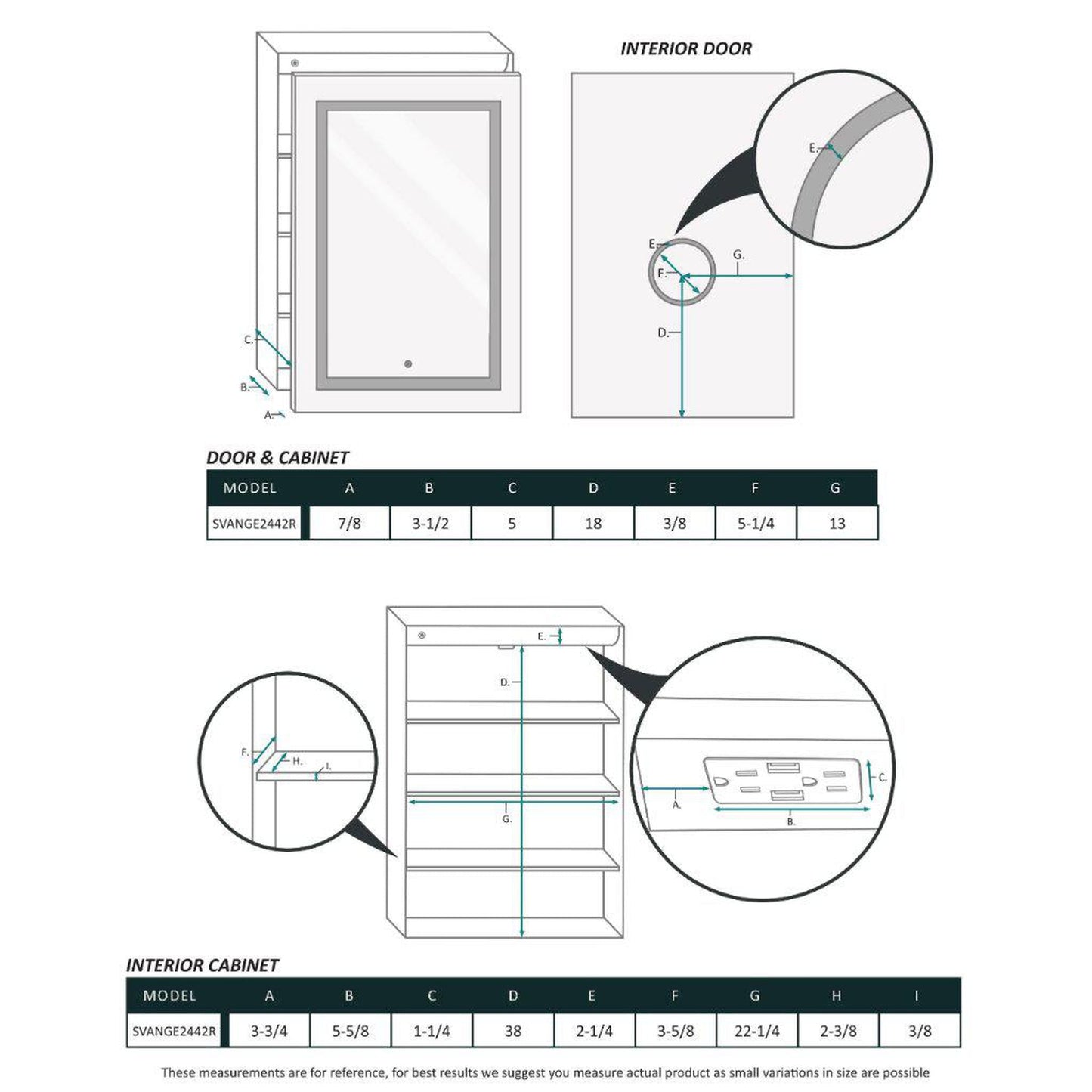 Krugg Reflections Svange 24" x 42" 5000K Single Right Opening Rectangular Recessed/Surface-Mount Illuminated Silver Backed LED Medicine Cabinet Mirror With Built-in Defogger, Dimmer and Electrical Outlet