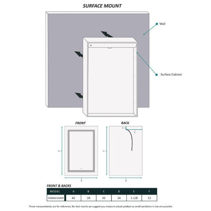 Krugg Reflections Svange 24" x 42" 5000K Single Right Opening Rectangular Recessed/Surface-Mount Illuminated Silver Backed LED Medicine Cabinet Mirror With Built-in Defogger, Dimmer and Electrical Outlet