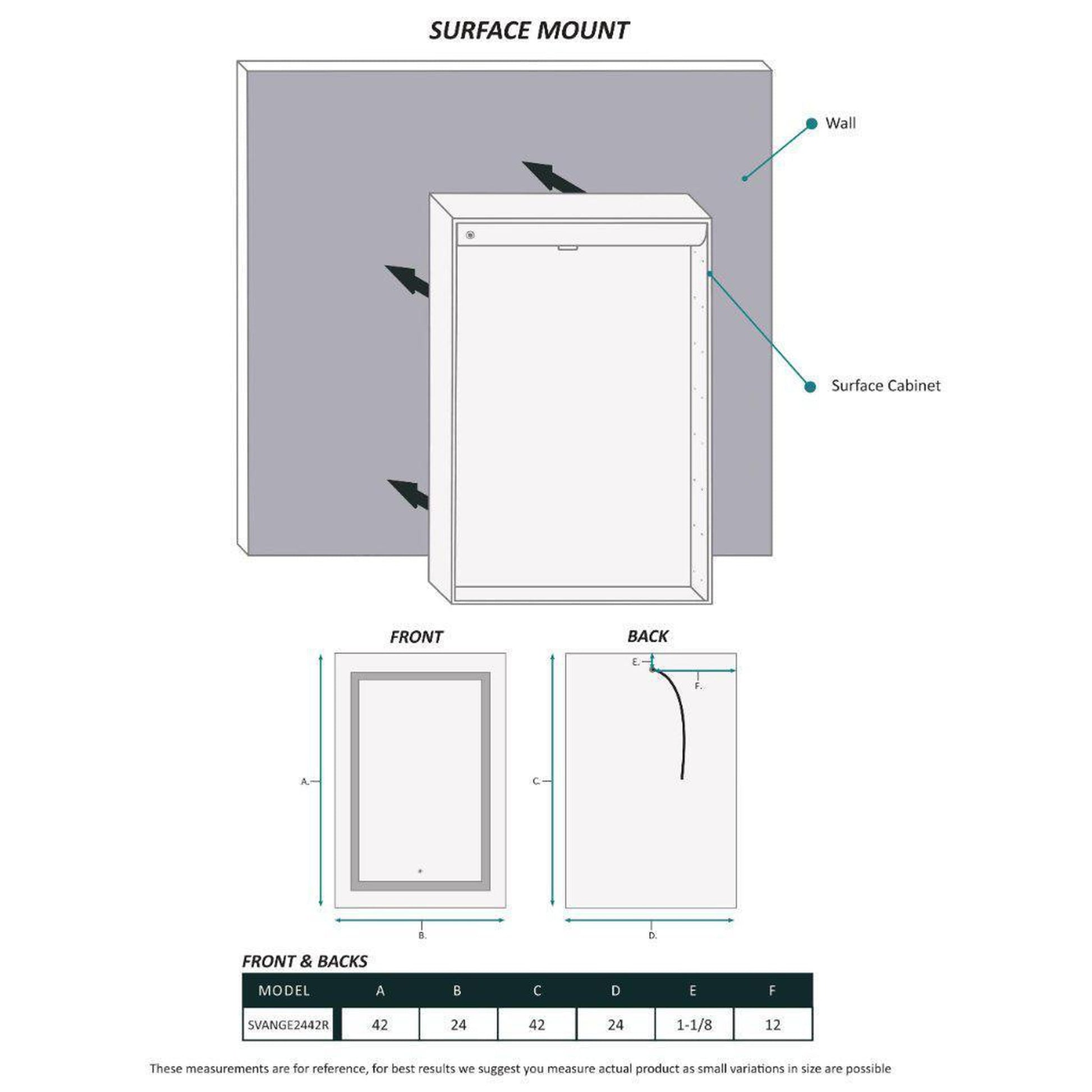 Krugg Reflections Svange 24" x 42" 5000K Single Right Opening Rectangular Recessed/Surface-Mount Illuminated Silver Backed LED Medicine Cabinet Mirror With Built-in Defogger, Dimmer and Electrical Outlet