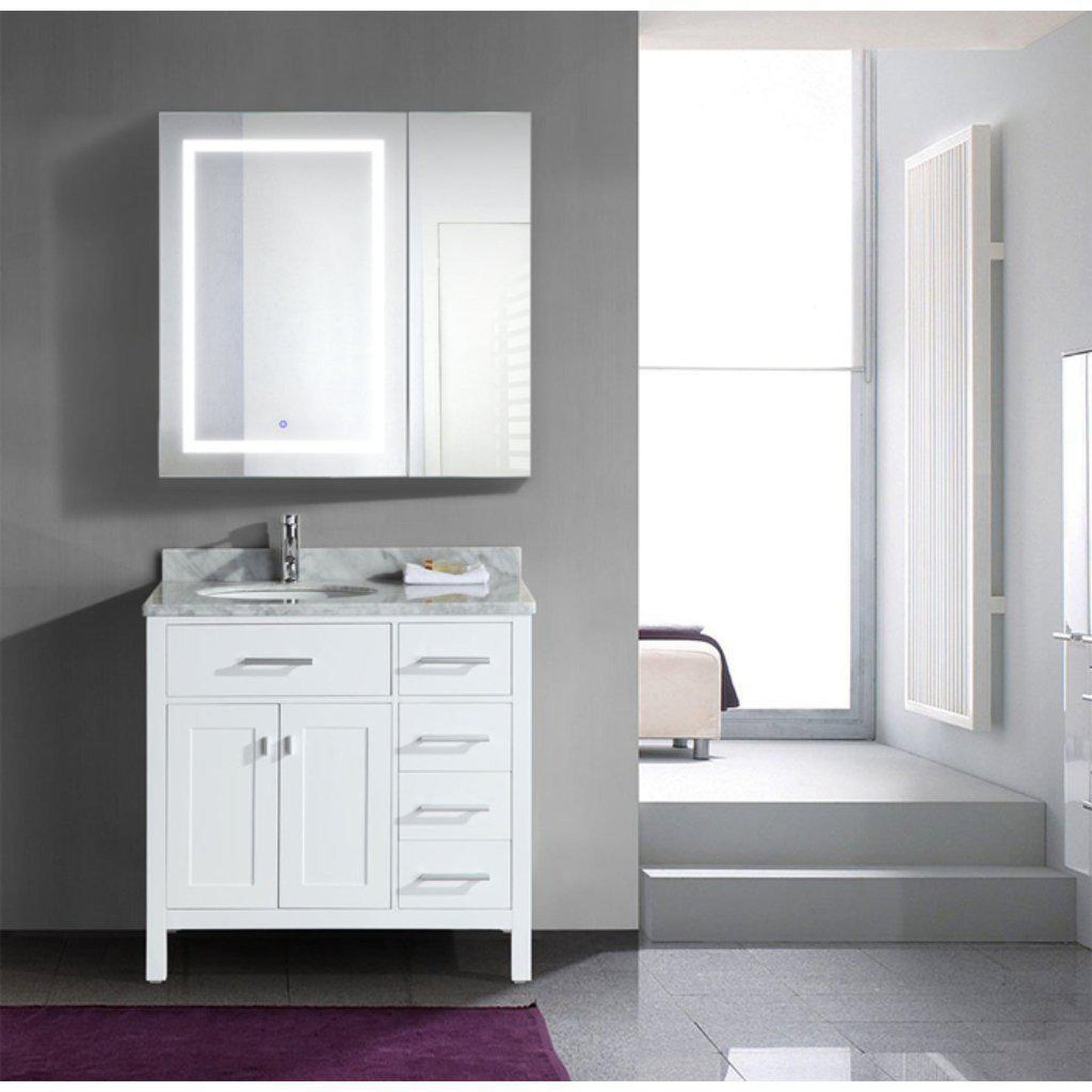 Krugg Reflections Svange 36" x 36" 5000K Single Bi-View Left Opening Recessed/Surface-Mount Illuminated Silver Backed LED Medicine Cabinet Mirror With Built-in Defogger, Dimmer and Electrical Outlet