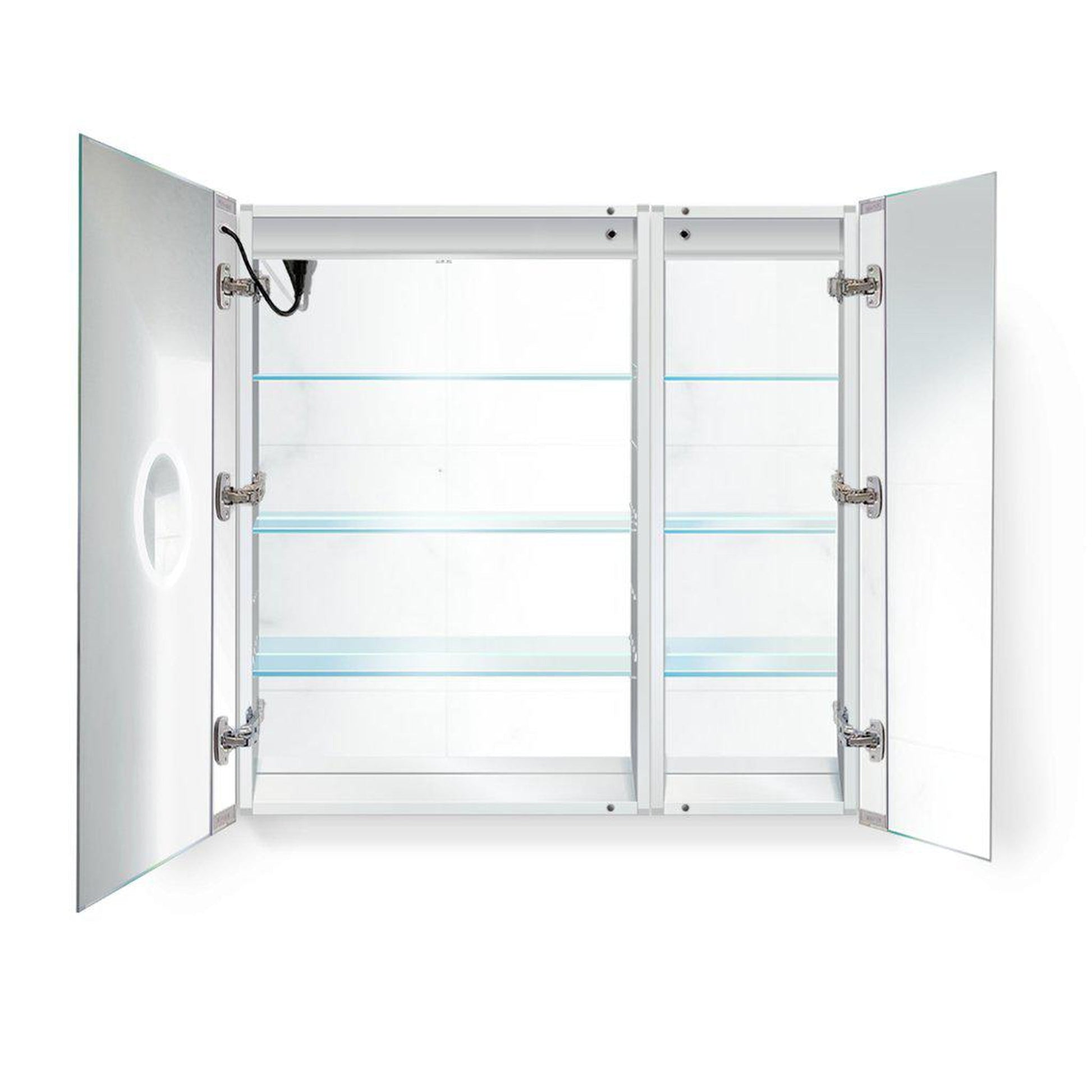 Krugg Reflections Svange 36" x 36" 5000K Single Bi-View Left Opening Recessed/Surface-Mount Illuminated Silver Backed LED Medicine Cabinet Mirror With Built-in Defogger, Dimmer and Electrical Outlet