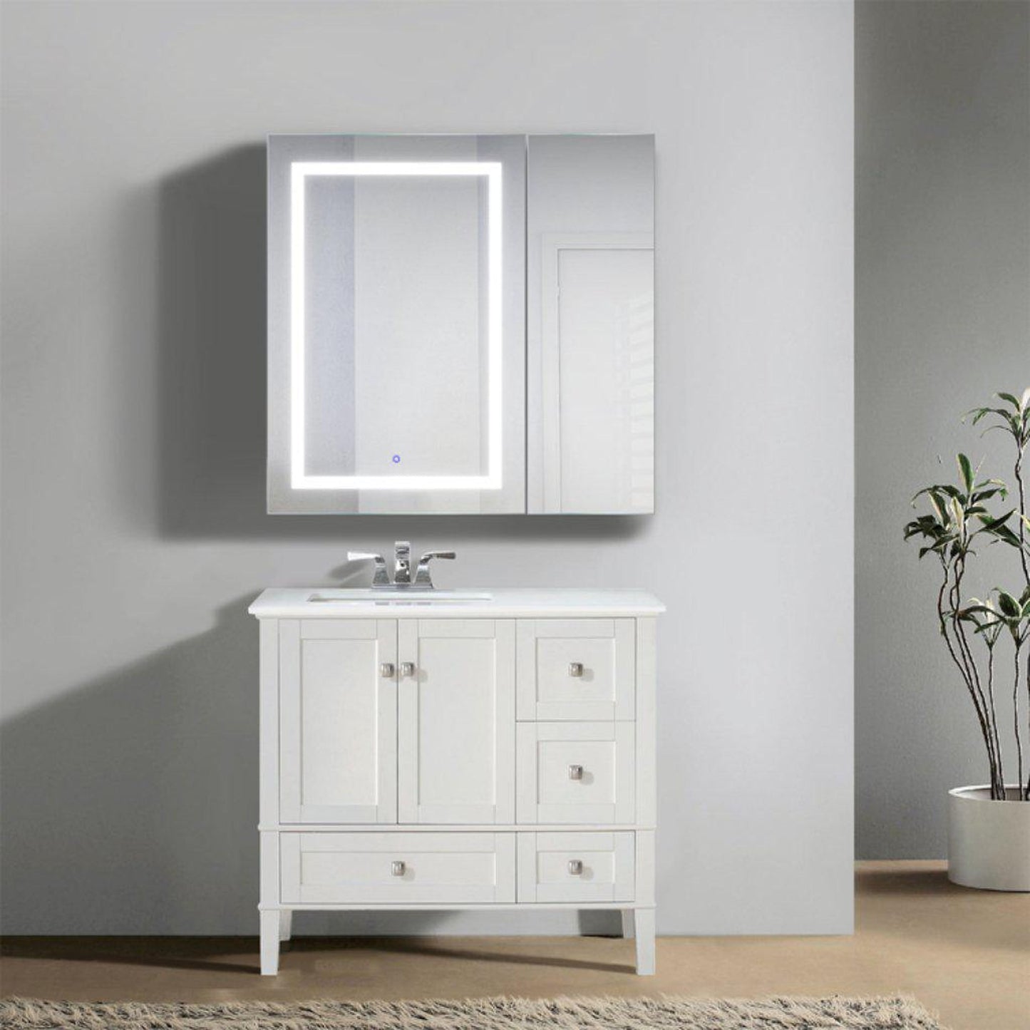 Krugg Reflections Svange 36" x 36" 5000K Single Bi-View Left Opening Recessed/Surface-Mount Illuminated Silver Backed LED Medicine Cabinet Mirror With Built-in Defogger, Dimmer and Electrical Outlet