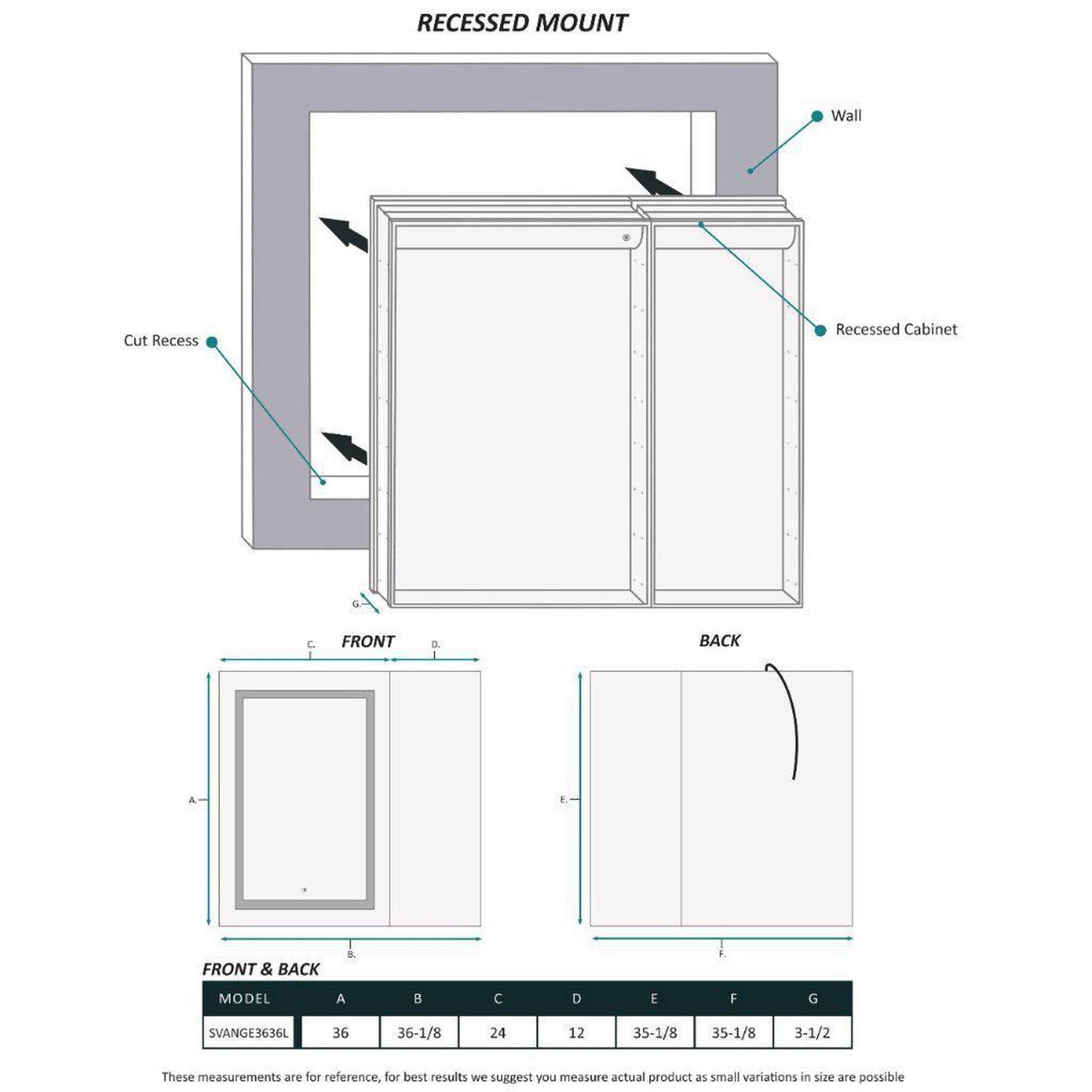 Krugg Reflections Svange 36" x 36" 5000K Single Bi-View Left Opening Recessed/Surface-Mount Illuminated Silver Backed LED Medicine Cabinet Mirror With Built-in Defogger, Dimmer and Electrical Outlet