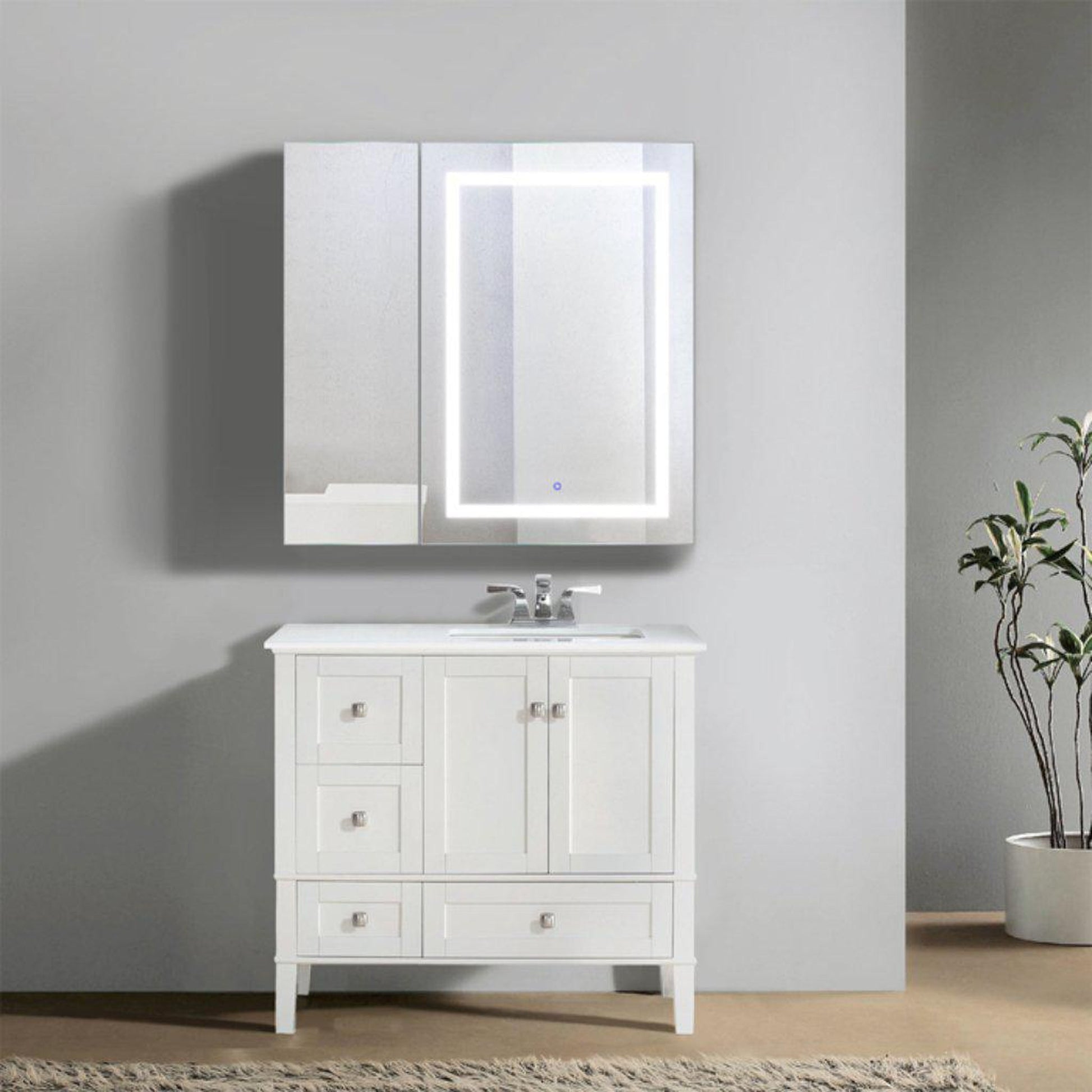 Krugg Reflections Svange 36" x 36" 5000K Single Bi-View Right Opening Recessed/Surface-Mount Illuminated Silver Backed LED Medicine Cabinet Mirror With Built-in Defogger, Dimmer and Electrical Outlet