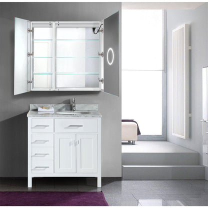 Krugg Reflections Svange 36" x 36" 5000K Single Bi-View Right Opening Recessed/Surface-Mount Illuminated Silver Backed LED Medicine Cabinet Mirror With Built-in Defogger, Dimmer and Electrical Outlet