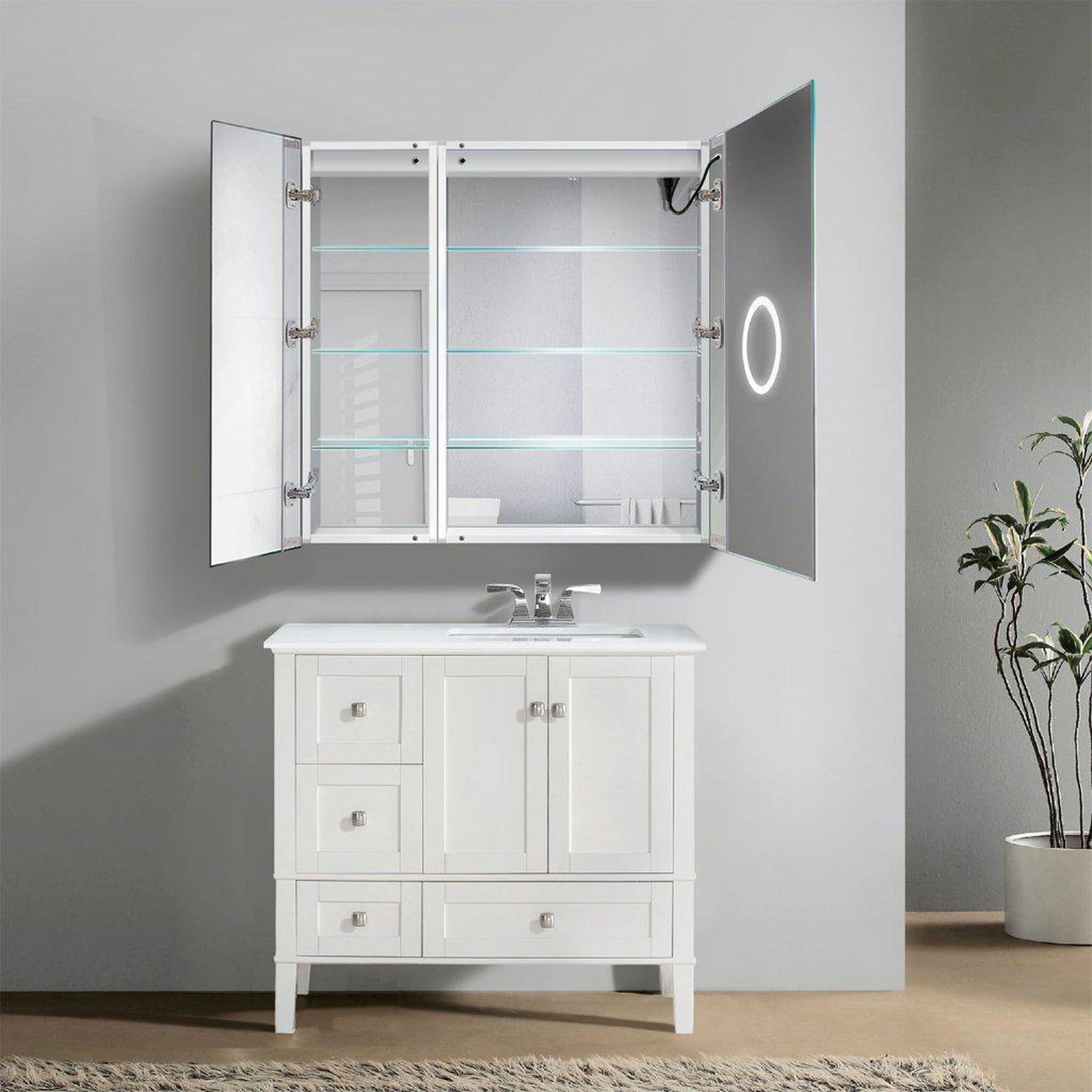 Krugg Reflections Svange 36" x 36" 5000K Single Bi-View Right Opening Recessed/Surface-Mount Illuminated Silver Backed LED Medicine Cabinet Mirror With Built-in Defogger, Dimmer and Electrical Outlet