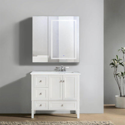 Krugg Reflections Svange 36" x 36" 5000K Single Bi-View Right Opening Recessed/Surface-Mount Illuminated Silver Backed LED Medicine Cabinet Mirror With Built-in Defogger, Dimmer and Electrical Outlet
