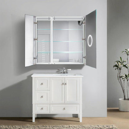 Krugg Reflections Svange 36" x 36" 5000K Single Bi-View Right Opening Recessed/Surface-Mount Illuminated Silver Backed LED Medicine Cabinet Mirror With Built-in Defogger, Dimmer and Electrical Outlet