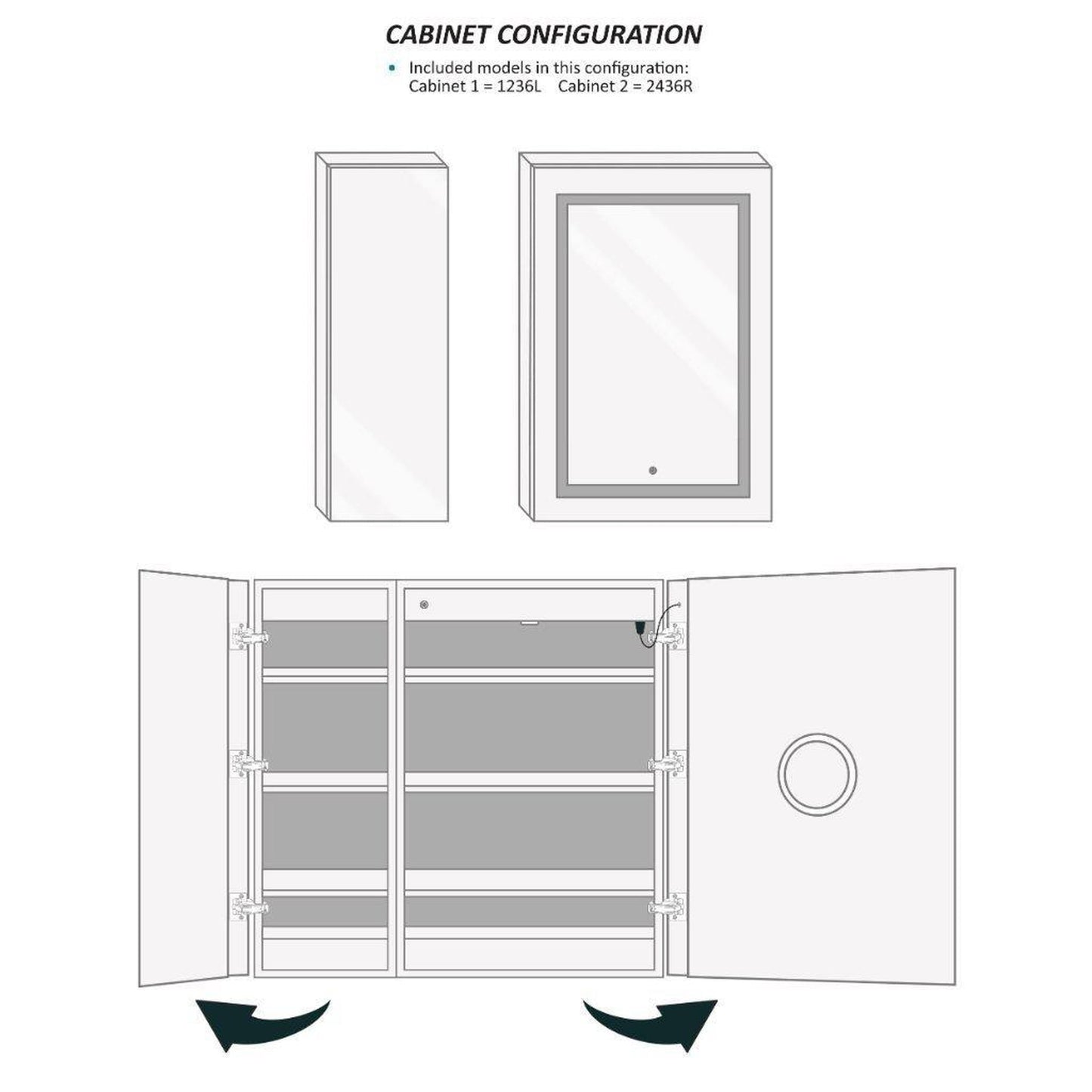 Krugg Reflections Svange 36" x 36" 5000K Single Bi-View Right Opening Recessed/Surface-Mount Illuminated Silver Backed LED Medicine Cabinet Mirror With Built-in Defogger, Dimmer and Electrical Outlet