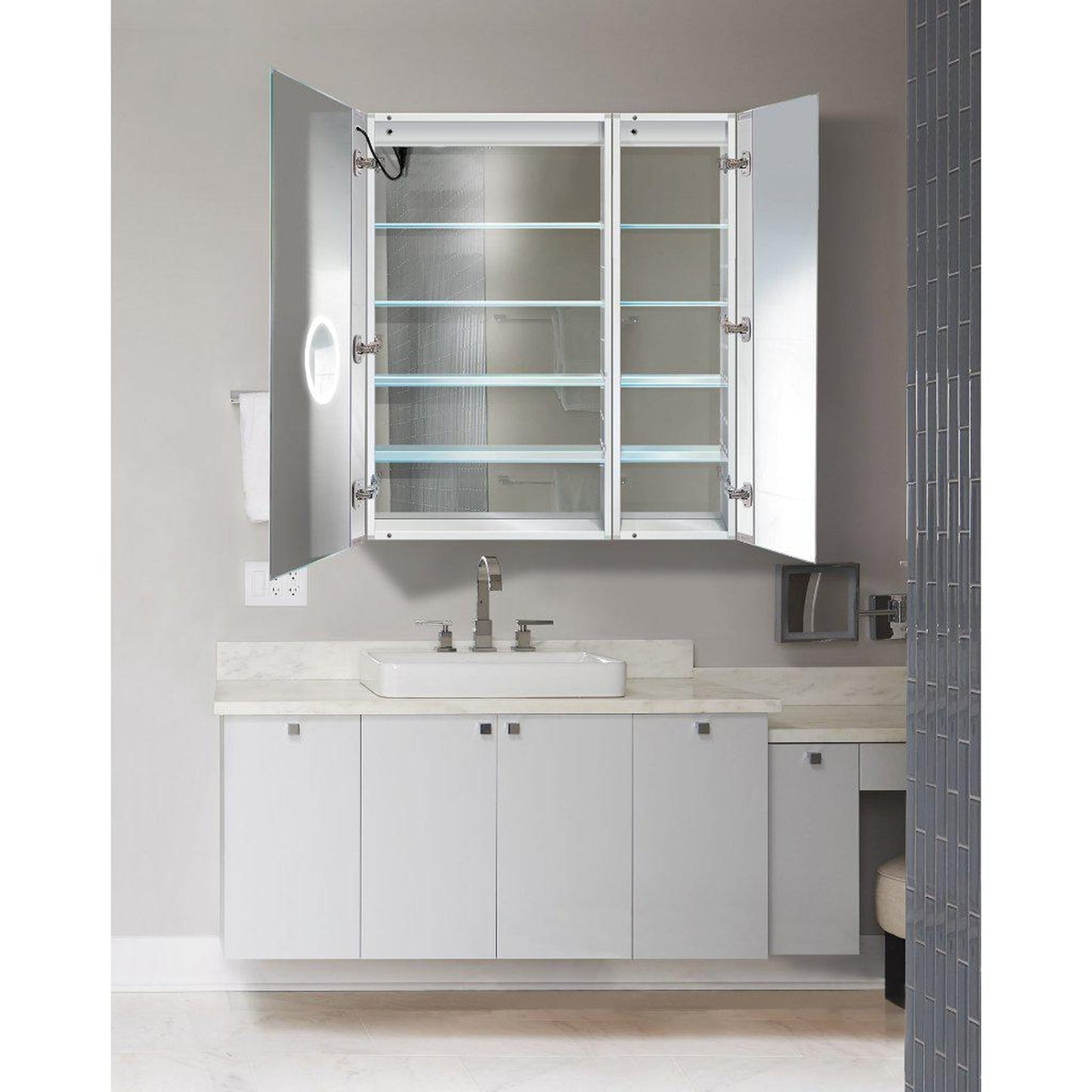 Krugg Reflections Svange 36" x 42" 5000K Single Bi-View Left Opening Recessed/Surface-Mount Illuminated Silver Backed LED Medicine Cabinet Mirror With Built-in Defogger, Dimmer and Electrical Outlet