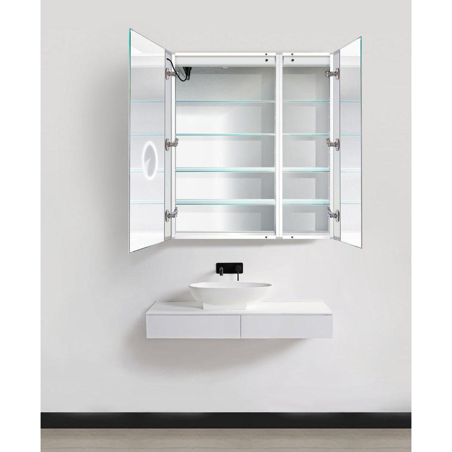 Krugg Reflections Svange 36" x 42" 5000K Single Bi-View Left Opening Recessed/Surface-Mount Illuminated Silver Backed LED Medicine Cabinet Mirror With Built-in Defogger, Dimmer and Electrical Outlet