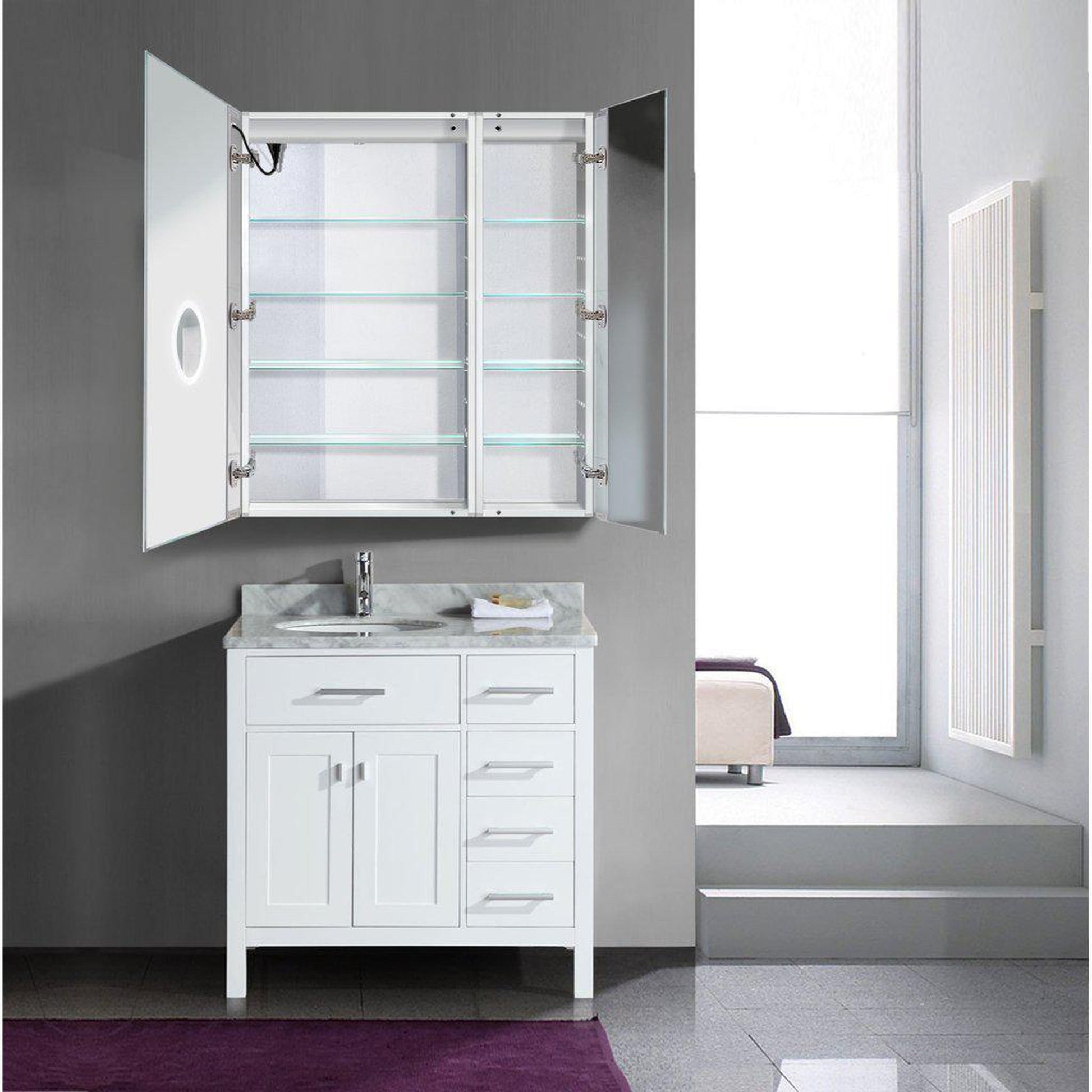 Krugg Reflections Svange 36" x 42" 5000K Single Bi-View Left Opening Recessed/Surface-Mount Illuminated Silver Backed LED Medicine Cabinet Mirror With Built-in Defogger, Dimmer and Electrical Outlet