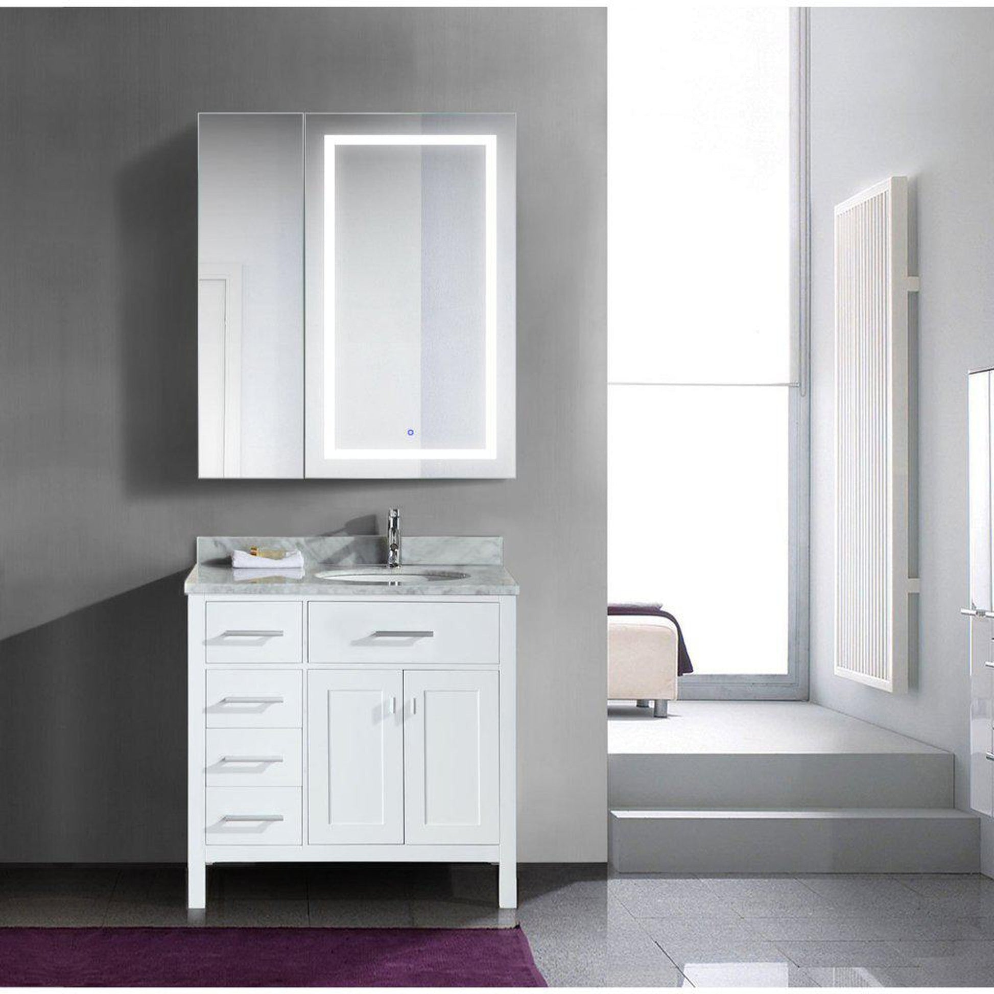 Krugg Reflections Svange 36" x 42" 5000K Single Bi-View Right Opening Recessed/Surface-Mount Illuminated Silver Backed LED Medicine Cabinet Mirror With Built-in Defogger, Dimmer and Electrical Outlet