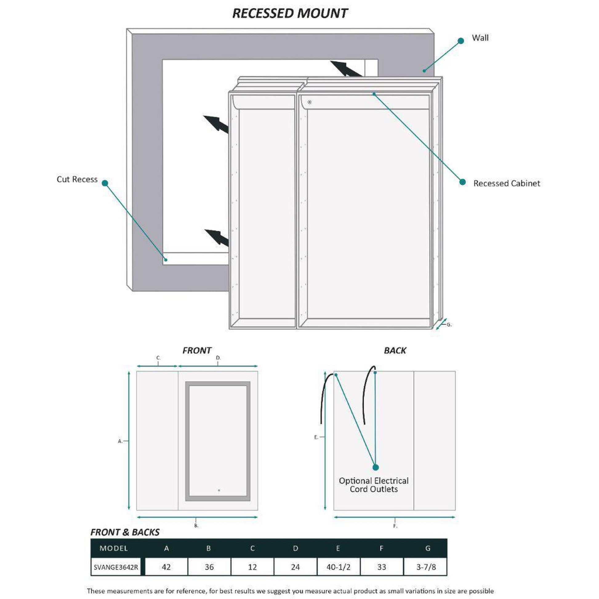 Krugg Reflections Svange 36" x 42" 5000K Single Bi-View Right Opening Recessed/Surface-Mount Illuminated Silver Backed LED Medicine Cabinet Mirror With Built-in Defogger, Dimmer and Electrical Outlet