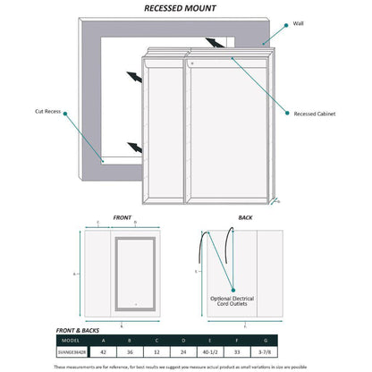 Krugg Reflections Svange 36" x 42" 5000K Single Bi-View Right Opening Recessed/Surface-Mount Illuminated Silver Backed LED Medicine Cabinet Mirror With Built-in Defogger, Dimmer and Electrical Outlet