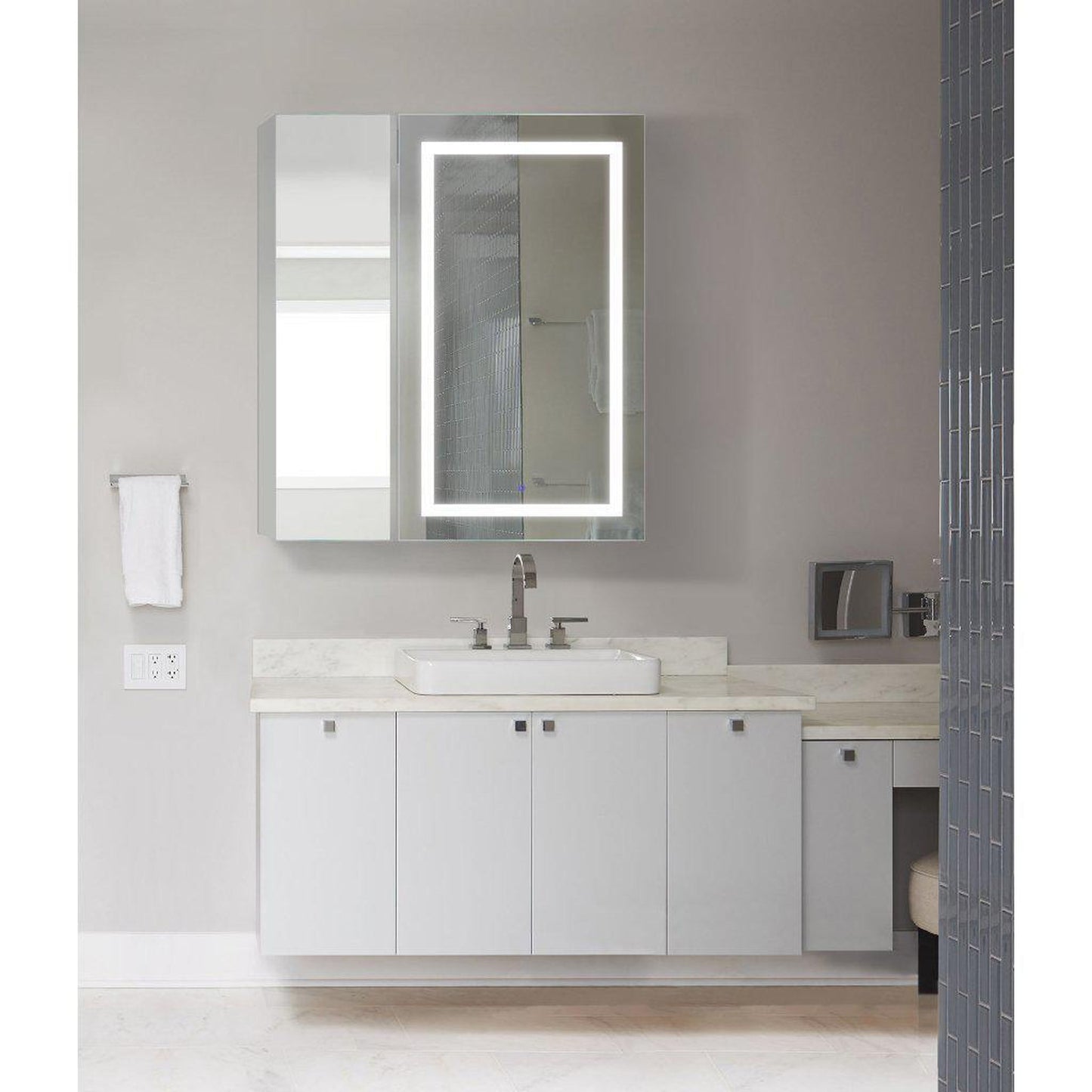 Krugg Reflections Svange 36" x 42" 5000K Single Bi-View Right Opening Recessed/Surface-Mount Illuminated Silver Backed LED Medicine Cabinet Mirror With Built-in Defogger, Dimmer and Electrical Outlet