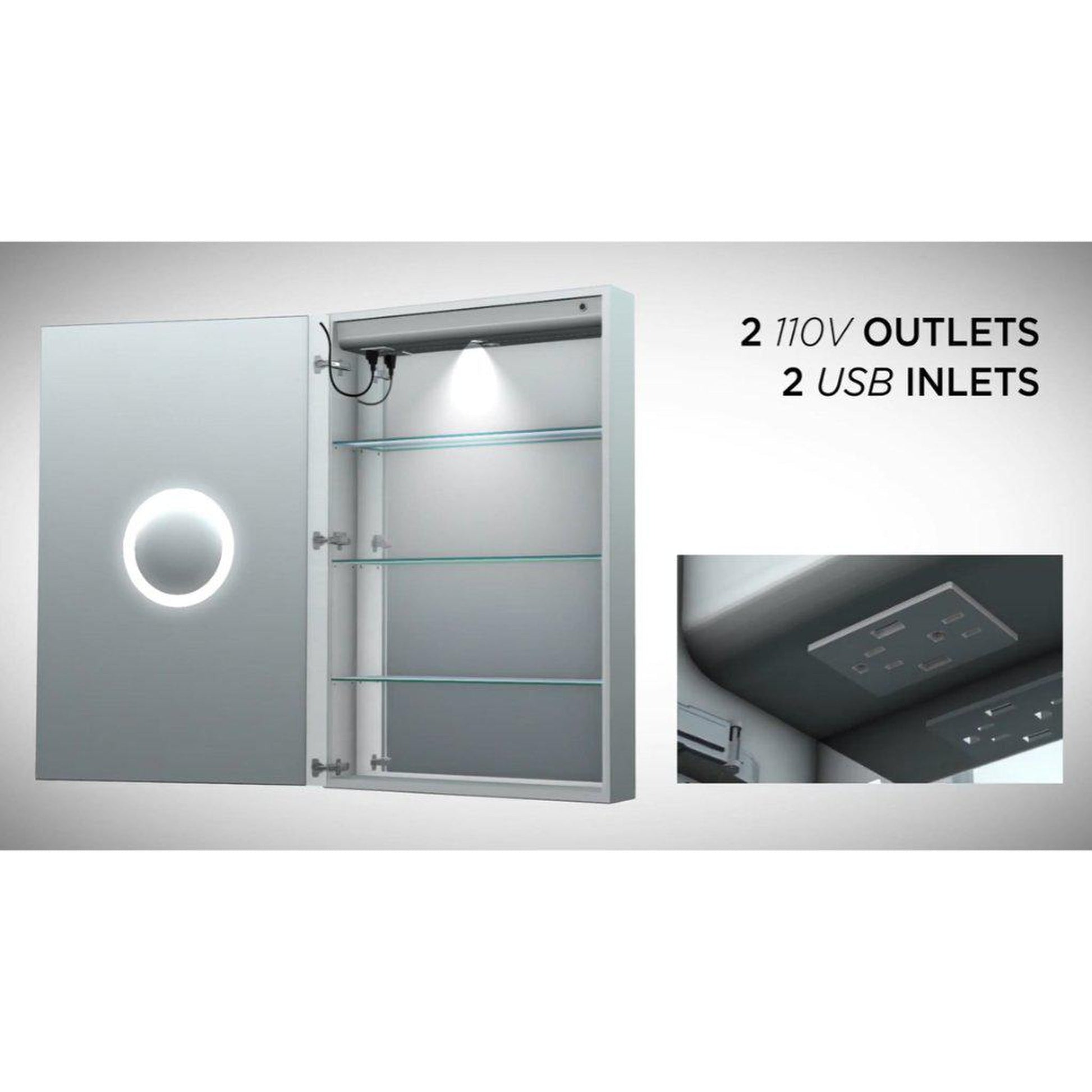 Krugg Reflections Svange 42" x 36" 5000K Single Bi-View Left Opening Recessed/Surface-Mount Illuminated Silver Backed LED Medicine Cabinet Mirror With Built-in Defogger, Dimmer and Electrical Outlet