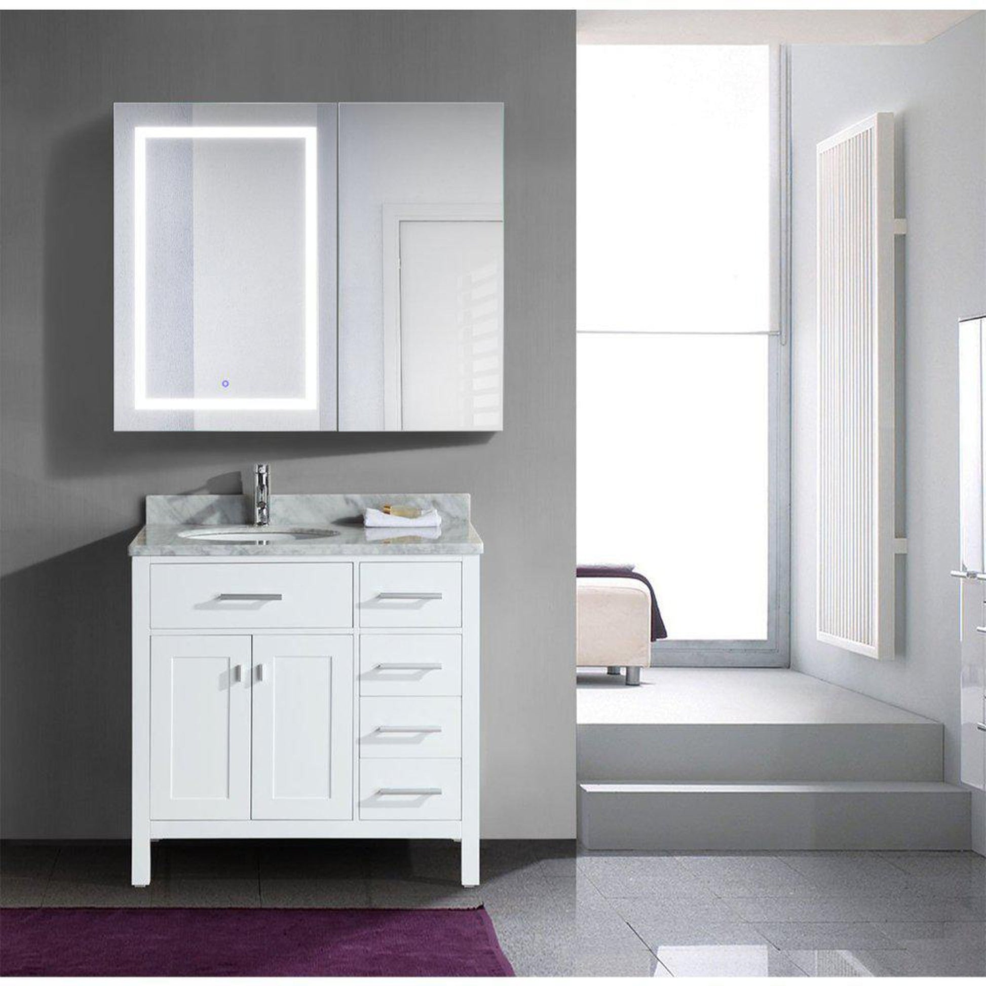 Krugg Reflections Svange 42" x 36" 5000K Single Bi-View Left Opening Recessed/Surface-Mount Illuminated Silver Backed LED Medicine Cabinet Mirror With Built-in Defogger, Dimmer and Electrical Outlet