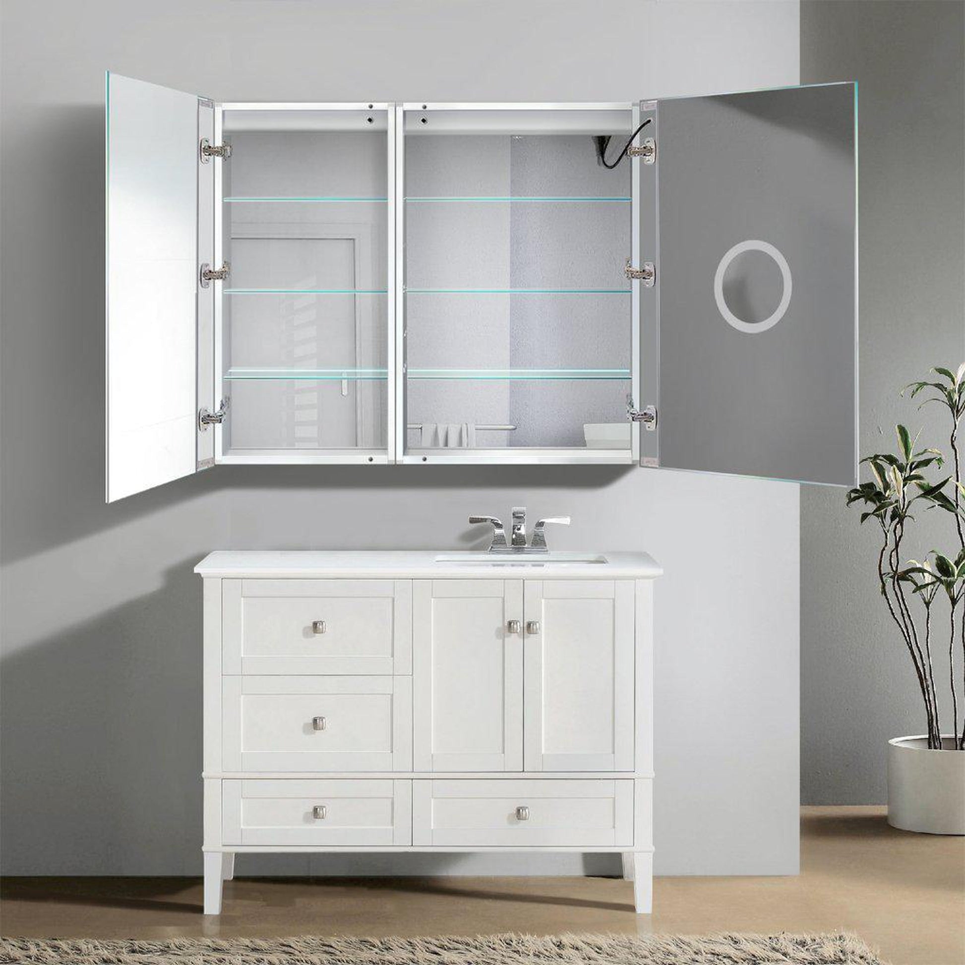 Krugg Reflections Svange 42" x 36" 5000K Single Bi-View Right Opening Recessed/Surface-Mount Illuminated Silver Backed LED Medicine Cabinet Mirror With Built-in Defogger, Dimmer and Electrical Outlet