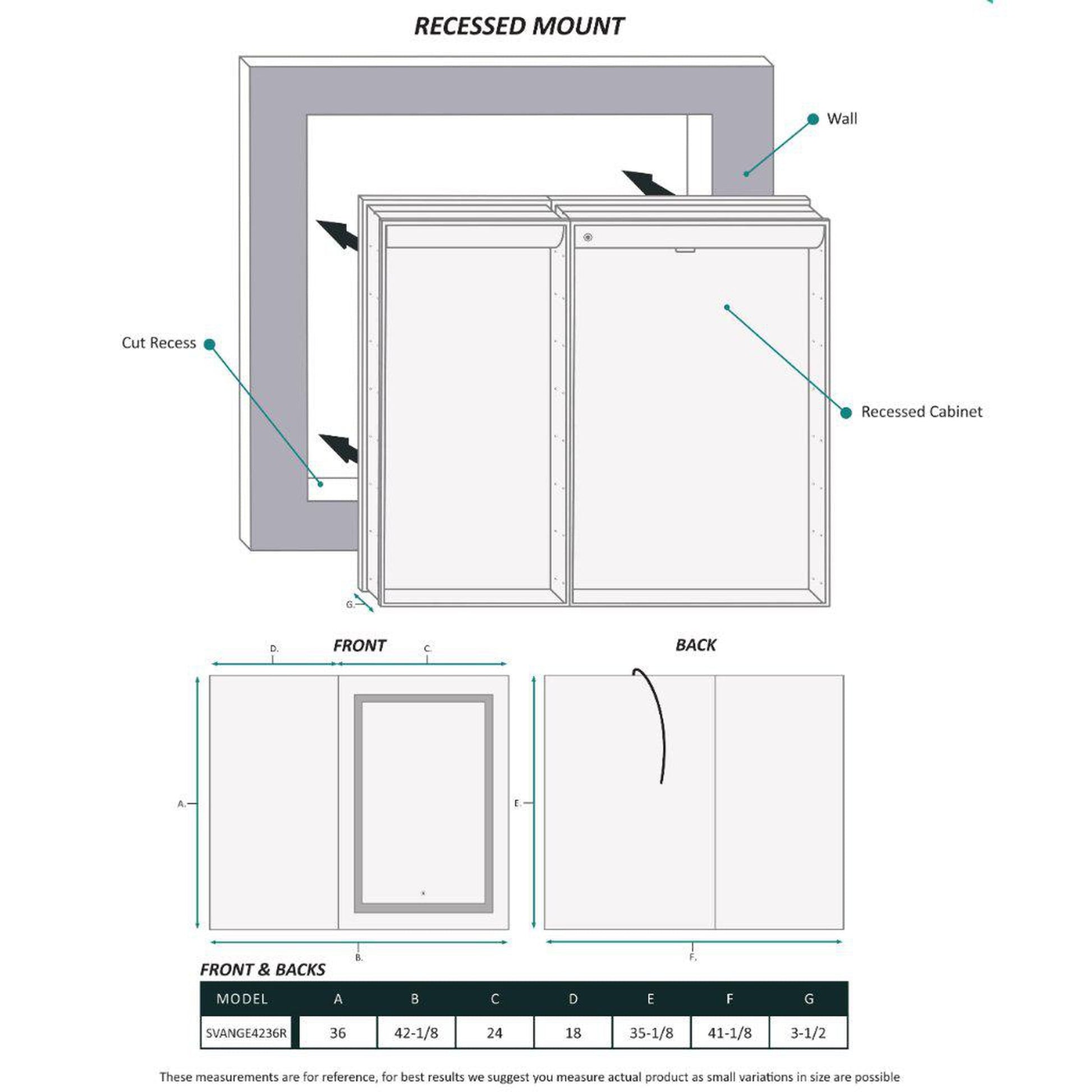 Krugg Reflections Svange 42" x 36" 5000K Single Bi-View Right Opening Recessed/Surface-Mount Illuminated Silver Backed LED Medicine Cabinet Mirror With Built-in Defogger, Dimmer and Electrical Outlet