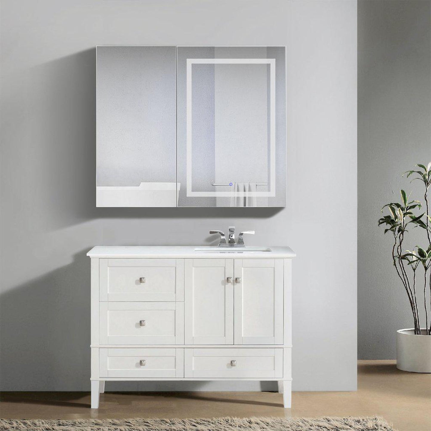 Krugg Reflections Svange 42" x 36" 5000K Single Bi-View Right Opening Recessed/Surface-Mount Illuminated Silver Backed LED Medicine Cabinet Mirror With Built-in Defogger, Dimmer and Electrical Outlet