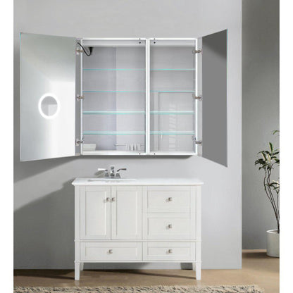 Krugg Reflections Svange 42" x 42" 5000K Single Bi-View Left Opening Recessed/Surface-Mount Illuminated Silver Backed LED Medicine Cabinet Mirror With Built-in Defogger, Dimmer and Electrical Outlet