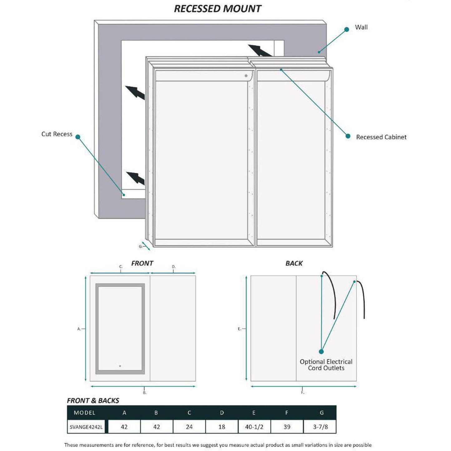 Krugg Reflections Svange 42" x 42" 5000K Single Bi-View Left Opening Recessed/Surface-Mount Illuminated Silver Backed LED Medicine Cabinet Mirror With Built-in Defogger, Dimmer and Electrical Outlet