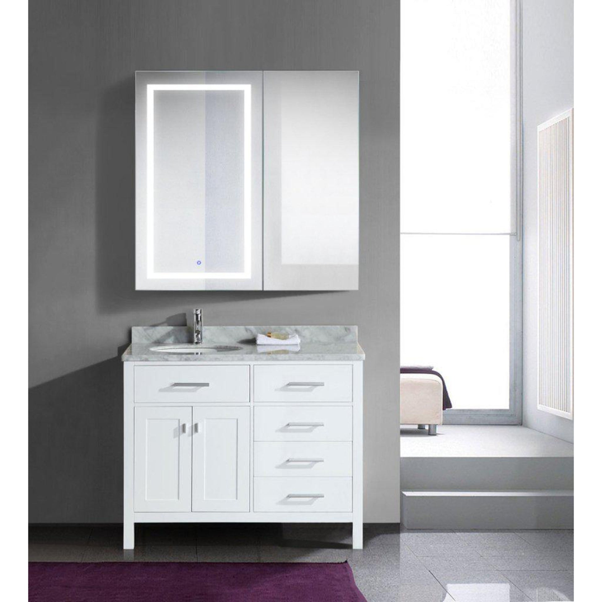 Krugg Reflections Svange 42" x 42" 5000K Single Bi-View Left Opening Recessed/Surface-Mount Illuminated Silver Backed LED Medicine Cabinet Mirror With Built-in Defogger, Dimmer and Electrical Outlet