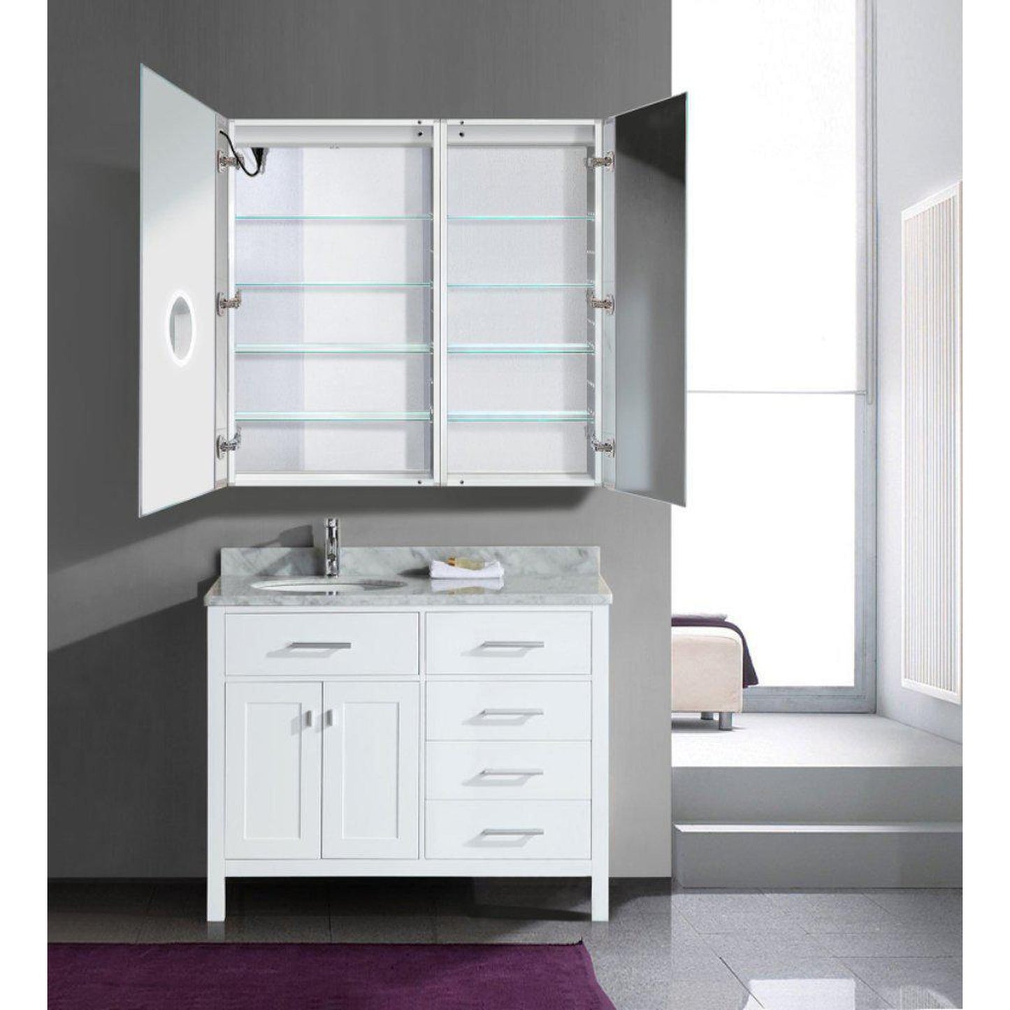 Krugg Reflections Svange 42" x 42" 5000K Single Bi-View Left Opening Recessed/Surface-Mount Illuminated Silver Backed LED Medicine Cabinet Mirror With Built-in Defogger, Dimmer and Electrical Outlet