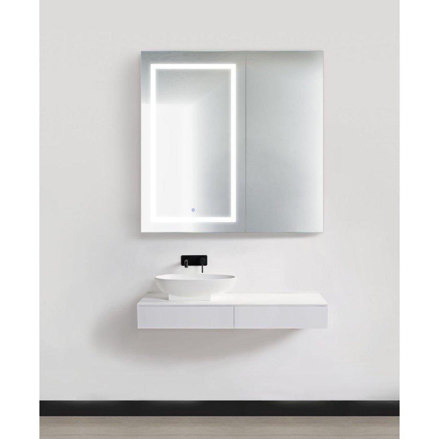 Krugg Reflections Svange 42" x 42" 5000K Single Bi-View Left Opening Recessed/Surface-Mount Illuminated Silver Backed LED Medicine Cabinet Mirror With Built-in Defogger, Dimmer and Electrical Outlet