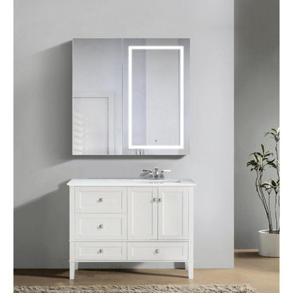 Krugg Reflections Svange 42" x 42" 5000K Single Bi-View Right Opening Recessed/Surface-Mount Illuminated Silver Backed LED Medicine Cabinet Mirror With Built-in Defogger, Dimmer and Electrical Outlet