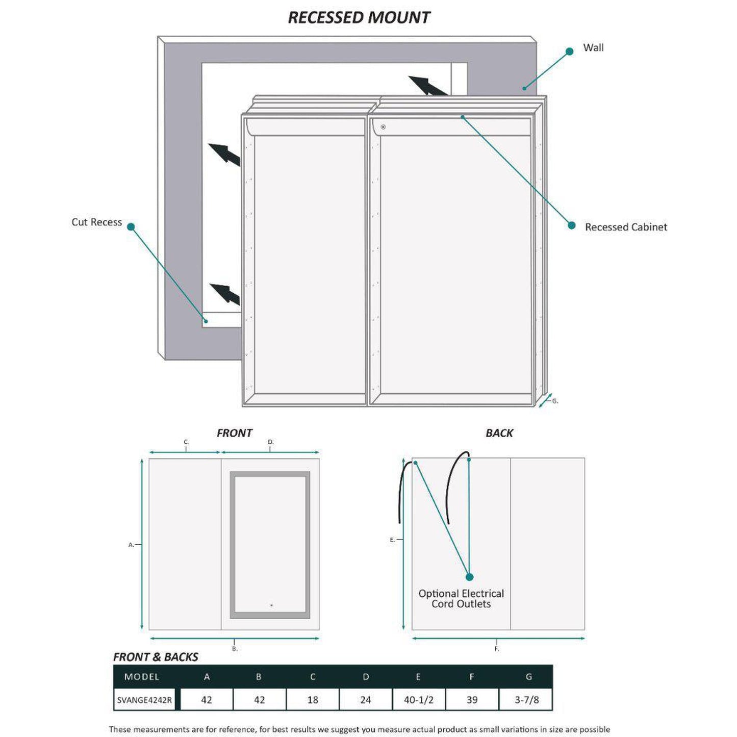 Krugg Reflections Svange 42" x 42" 5000K Single Bi-View Right Opening Recessed/Surface-Mount Illuminated Silver Backed LED Medicine Cabinet Mirror With Built-in Defogger, Dimmer and Electrical Outlet