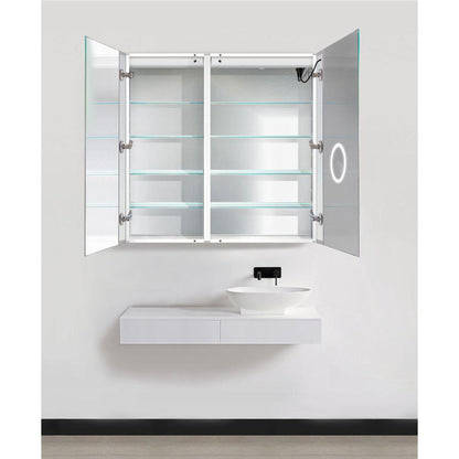 Krugg Reflections Svange 42" x 42" 5000K Single Bi-View Right Opening Recessed/Surface-Mount Illuminated Silver Backed LED Medicine Cabinet Mirror With Built-in Defogger, Dimmer and Electrical Outlet