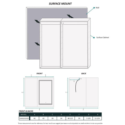 Krugg Reflections Svange 42" x 42" 5000K Single Bi-View Right Opening Recessed/Surface-Mount Illuminated Silver Backed LED Medicine Cabinet Mirror With Built-in Defogger, Dimmer and Electrical Outlet