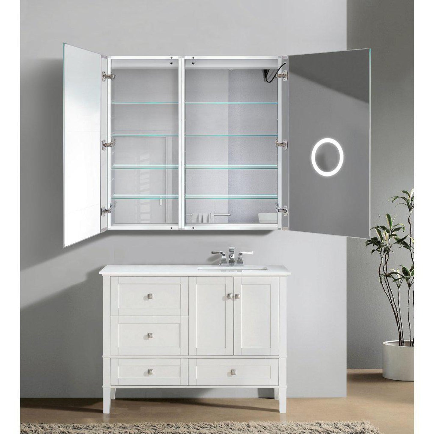 Krugg Reflections Svange 42" x 42" 5000K Single Bi-View Right Opening Recessed/Surface-Mount Illuminated Silver Backed LED Medicine Cabinet Mirror With Built-in Defogger, Dimmer and Electrical Outlet